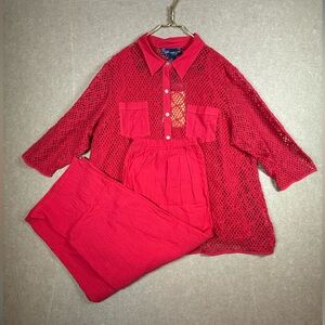 QVC Susan Graver Red 3-Pc Crochet Matching Outfit Blouse/Tanktop/Pants
